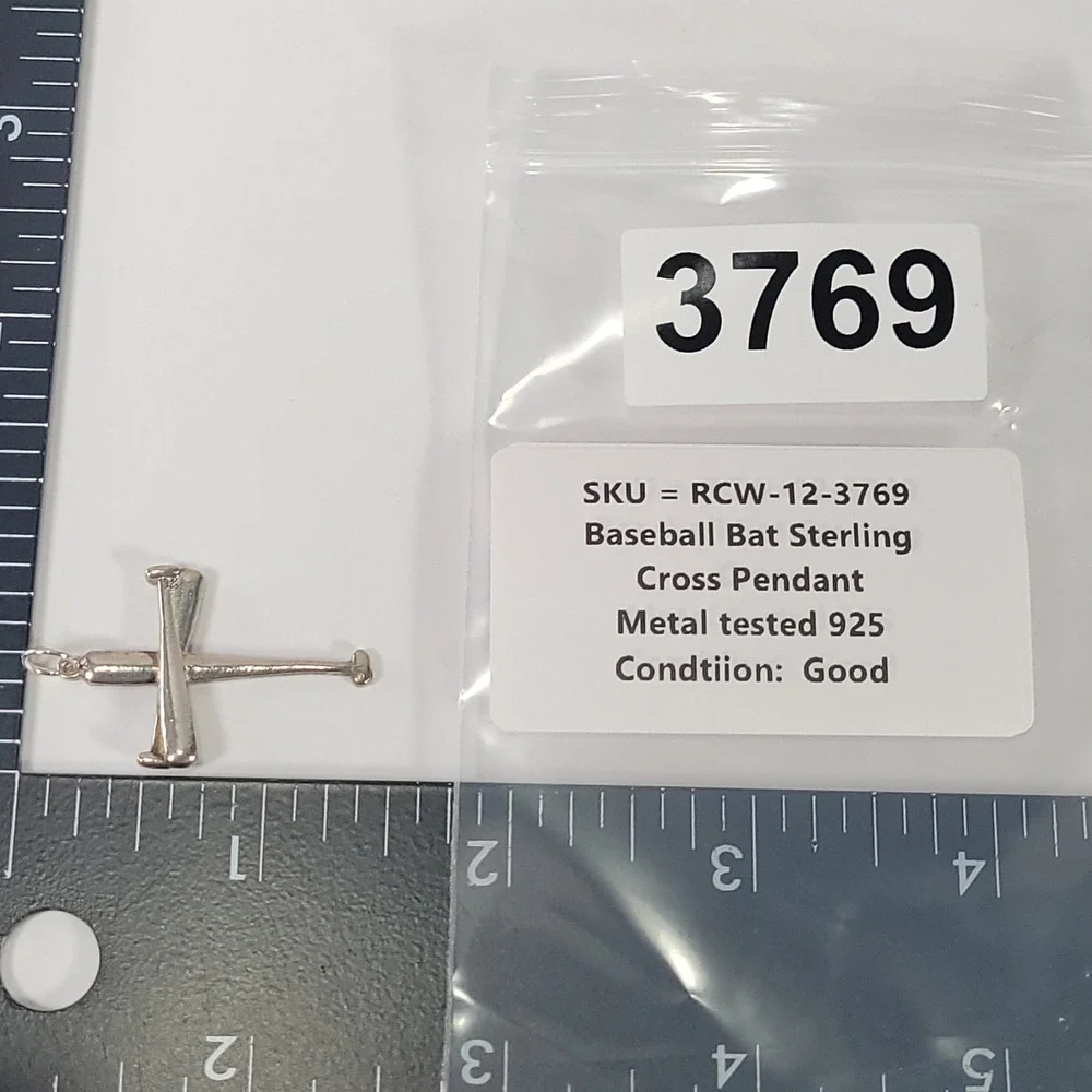 Silver Sterling Baseball Bat Cross Pendant Unisex 925 Sports Jewelry